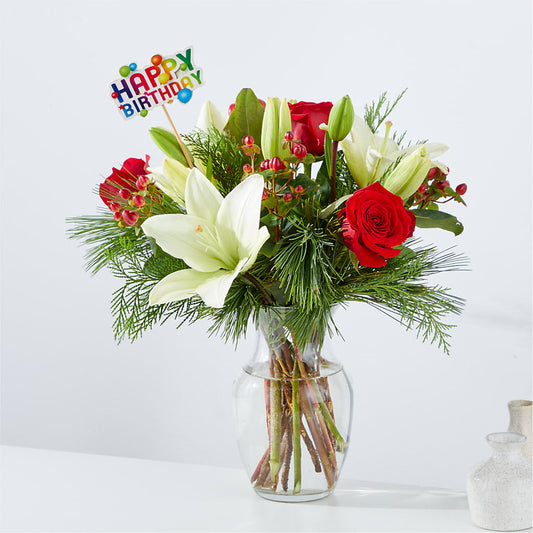 Evergreen Delight Bouquet & Happy Birthday Topper